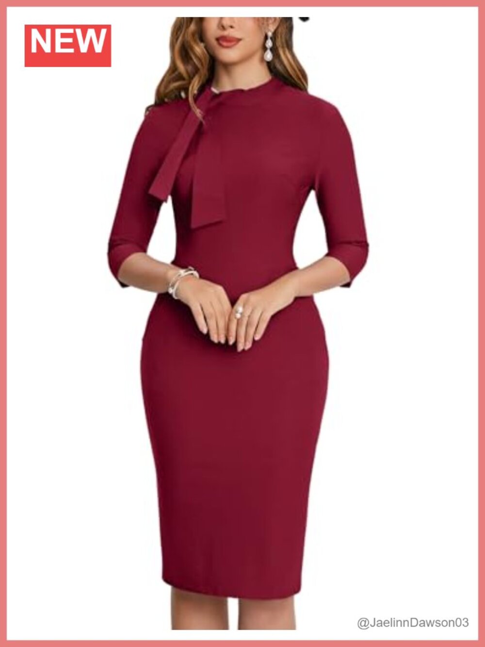 Vintage 1950s Midi Pencil Dress 3/4 Sleeve Tie Neck Bodycon with Pockets